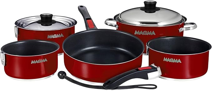 Magma 10 Piece Gourmet Nesting Stainless Steel Cookware Set with Ceramica Non-Stick Induction Compatible Oven Safe to 500°F - Suitable for All Stovetops Removable Handles Red