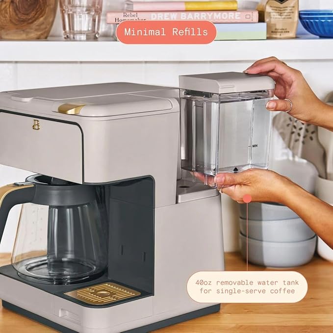 Multi-Brew Coffee Maker – 12-Cup Carafe &amp Single-Serve Pod or Grounds Iced Coffee Mode Programmable Touch Display Includes Filters (PORCINI TAUPE)