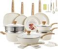 26Pcs Pots and Pans Nonstick Ceramic Cookware Set Nontoxic Kitchen Cooking Set with Steamers Utensils Induction Compatible PFAS/PFOA Free Oven and Dishwasher Safe Cream White