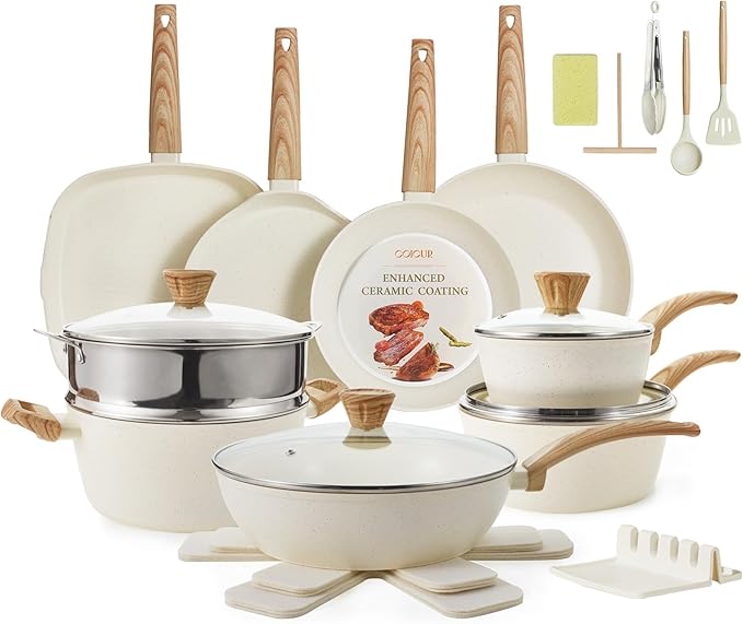 26Pcs Pots and Pans Nonstick Ceramic Cookware Set Nontoxic Kitchen Cooking Set with Steamers Utensils Induction Compatible PFAS/PFOA Free Oven and Dishwasher Safe Cream White