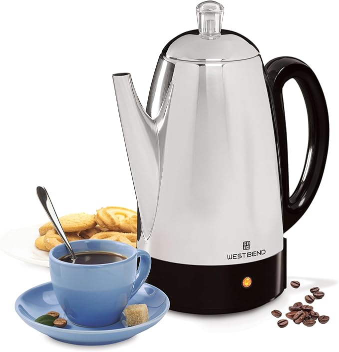 West Bend Electric Percolator Classic Style Coffee Maker with Heat Resistant Handle Base and Detachable Cord with Stainless Steel Stem and Basket 12-Cup Silver