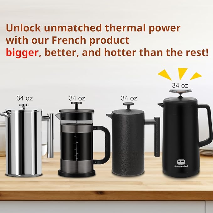PortableAnd 34oz Double Vacuum Insulation Large Silicone French Press Coffee Maker Metal Stainless Steel Matte Black Perfect for Camping Travel and At-Home Use (Light Gold)