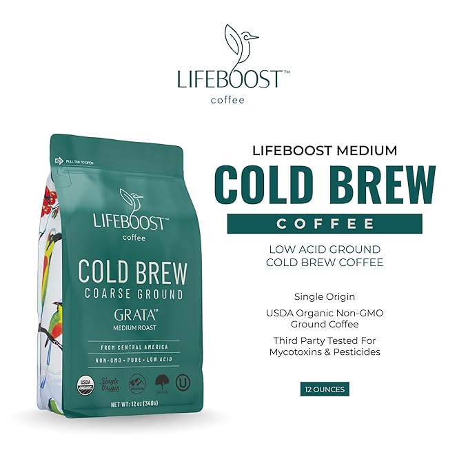 Lifeboost Low Acid Cold Brew Coffee – Organic Coarse Ground Medium Roast for Cold Brew – Single Origin Non-GMO 3rd Party Tested for Mycotoxins &amp Pesticides USDA Organic – Smooth &amp Bold Flav