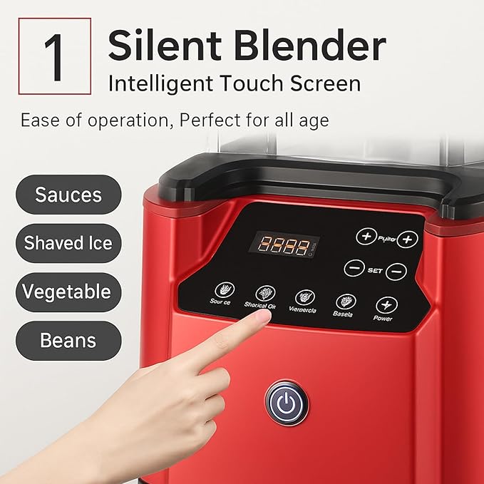 2200W Quiet Commercial Blender with Soundproof Shield – 2.2L Countertop Smoothie Maker with Smart Touch Screen – High Speed Food Blender for Ice Juices Shakes Restaurants Home UseRed