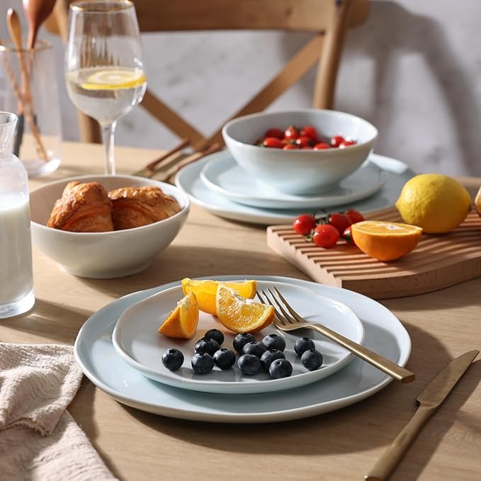 LERATIO Ceramic Dinnerware Sets for 6Porcelain Plates and Bowls Sets with Wavy EdgeMicrowave &amp Dishwasher &amp Oven SafeLight Weight &amp Scratch Resistant Dishes Sets-Light Blue(18pcs)