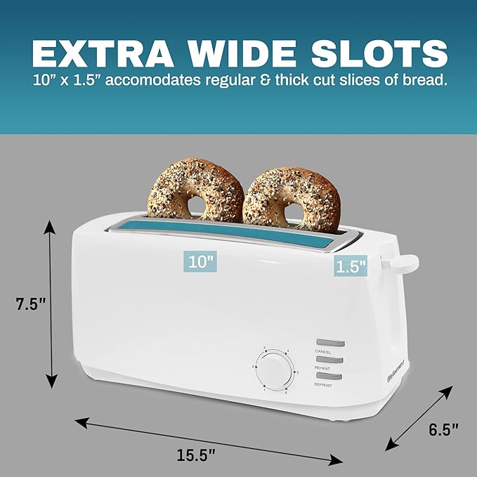 Elite Gourmet ECT-4829 Long Slot 4 Slice Toaster 6 Toast Settings Toaster Defrost Reheat Cancel Functions Slide Out Crumb Tray Extra Wide Slots for Bagels Waffles White