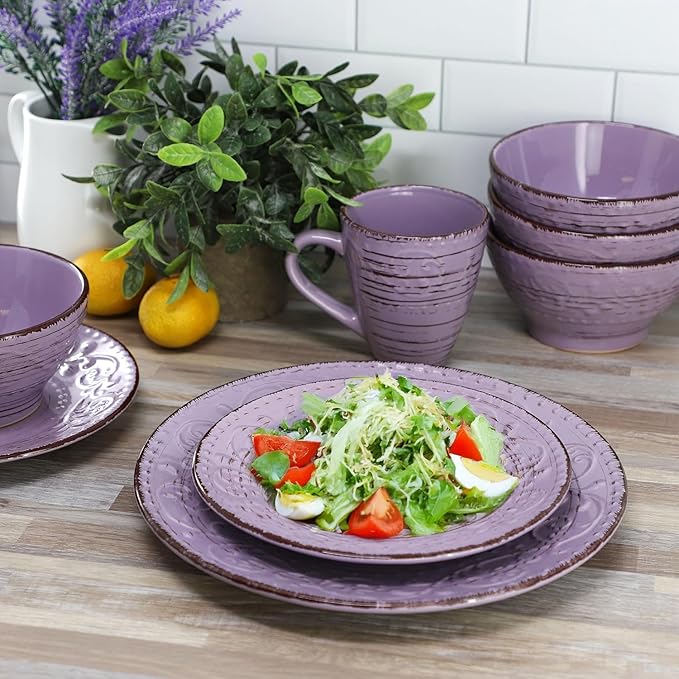 16-Piece Stoneware Dinnerware Set – Ocean Bloom Sea Glass Mica Calcite Jasper &amp Deep Ocean – Microwave Safe Dishwasher Safe Service for 4 with Reactive Glaze Finish (Purple)