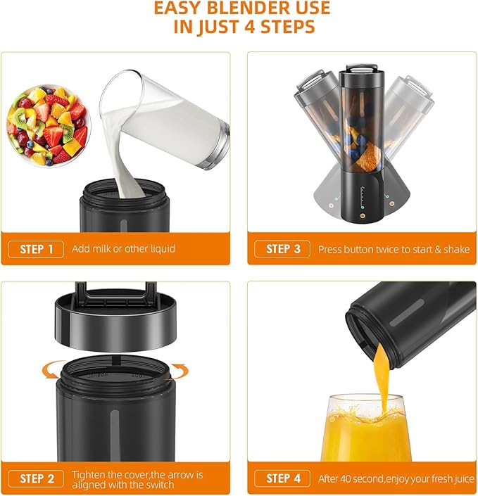 Personal Size Juicer Portable Mini Smoothie Blender 450ml Rechargeable Fruit Mixer with 6 Blades 25 Cups Output/Full Charged and Easy to Clean for Shakes Fresh Juices