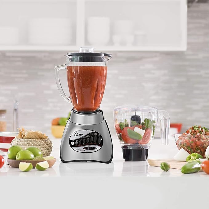 Oster Classic Series 16-Speed Blender with Food Chopper &amp 5-Cup Glass Jar Countertop Kitchen Blender Brushed Nickel