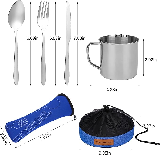 Stainless Steel Camping Cutlery Set - 8 Piece Includes Spoons Mugs Bowls Plates Rags &amp Organizer Straps - Easy to Carry for Backpacking Camping Hiking and Picnics