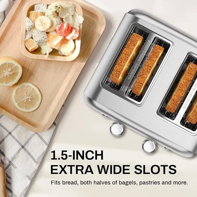 Toaster 4 Slice Dual Independent Controls Extra Wide Slot Toasters for Bagel Bread Waffles 7 Shade Settings 4 Main Functions Removable Crumb Tray 1500 Watts Brushed Stainless Steel