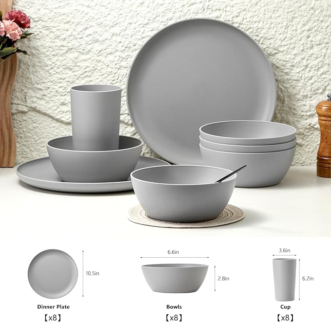 24-Piece Dinnerware Set Service for 8 Unbreakable Plates and Bowls Set BPA-Free Dishwasher Safe Gray Tableware for Kitchen Party and Picnic