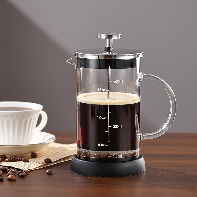 Bincoo French Press Coffee Maker 600ML - Single Layer Borolicate Glass Travel Coffee PressTea and Frothed Milk Press Easy to Use