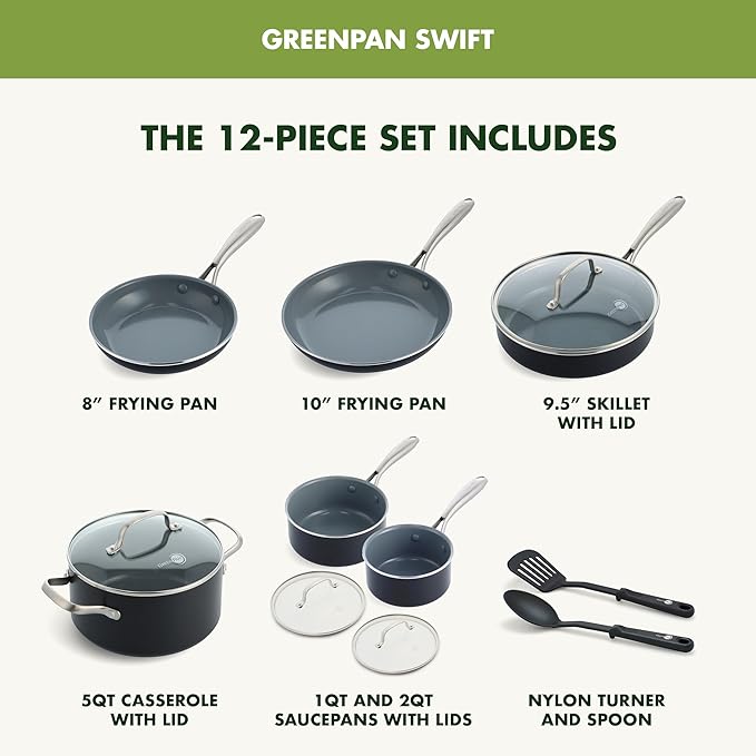 GreenPan 12 Piece Nonstick Swift Cookware Set Ceramic PFAS-Free Pots &amp Pans with Lids Dishwasher &amp Oven/Broiler Safe to 600F Kitchen Cooking Set Sauce Saute Stock Frying Pans Gray