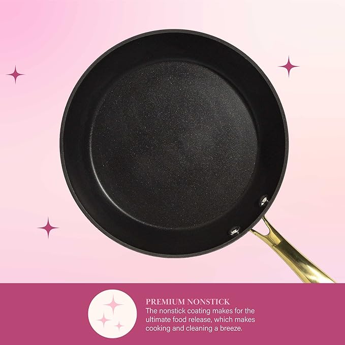 Paris Hilton Iconic Nonstick Pots and Pans Set Multi-layer Nonstick Coating Matching Lids With Gold Handles Made without PFOA Dishwasher Safe Cookware Set 10-Piece Black