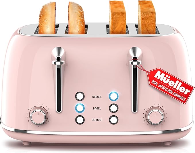 Mueller Retro Toaster 4 Slice with Extra Wide Slots Bagel Defrost and Cancel Function 6 Browning Levels Dual Independent Controls Removable Crumb Tray and High Lift Levers Pink