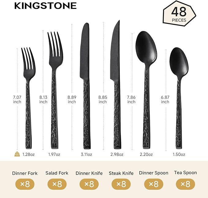 KINGSTONE 48 Pcs Black Hammered Silverware Set with Steak Knives for 8 18/10 Stainless Steel Heavy Duty Flatware Set Tableware Cutlery Utensil Sets for Home Restaurant Dishwasher Safe