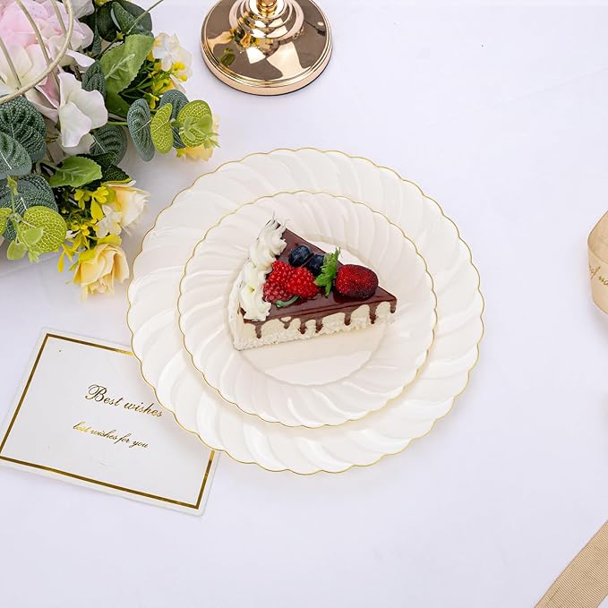 U-QE 100 Piece Ivory Scalloped Plastic Plates for Party with Gold Rim - Plastic Party Plates Disposable Heavy Duty - High End Disposable Plates Include 50pcs Dinner Plates 9&amp50pcs Dessert Plates