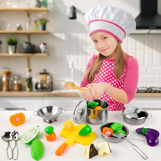 Juboury Kitchen Pretend Play Toys with Stainless Steel Cookware Pots and Pans Set Cooking Utensils Apron &amp Chef Hat Cutting Vegetables for Kids Girls Boys Toddlers