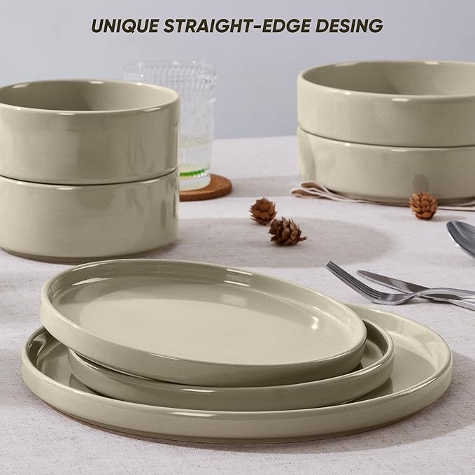 E-far 16-Piece Plates and Bowls Sets - Stoneware Dinnerware Sets with Pasta Bowls for 4 | Microwave &amp Dishwasher Safe Kitchen Modern Dish Set Speckled Khaki