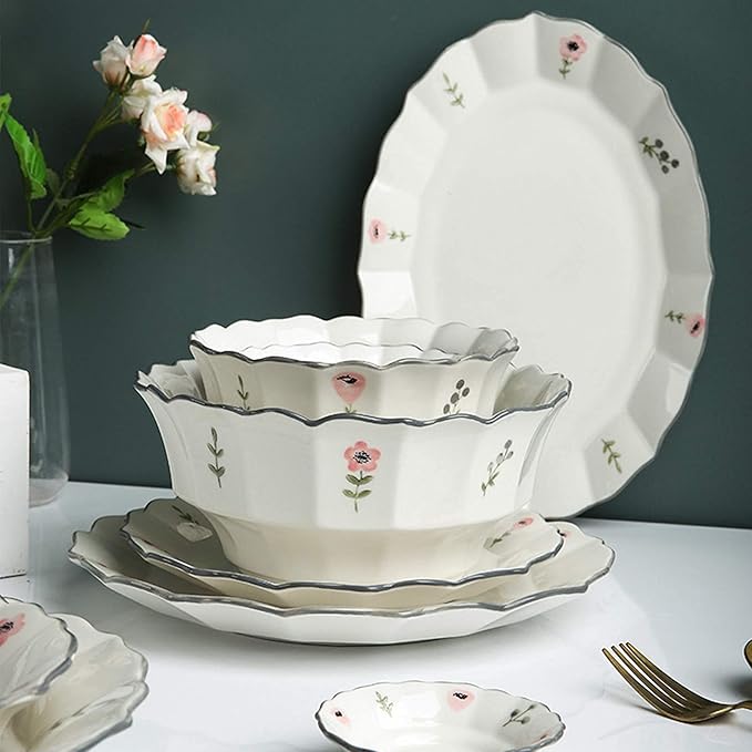 Ceramics Dinner Sets 38 Pieces Petal Shape Porcelain Dinnerware Set | Cereal Bowl and Steak Plate for Family Gathering and Wedding Gifts