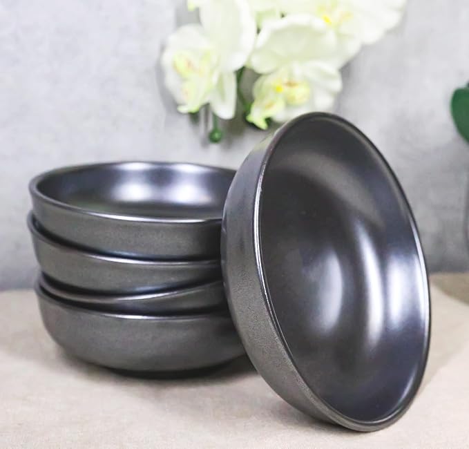 Ebros Gift Iron Black Clay Underglaze Technique Tetsu Kesho Porcelain Dinnerware Kitchen Set Asian Japanese Restaurant Supply (Pack Of 5 Shallow Bowl Deep Plates 10oz)