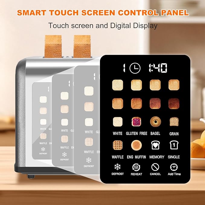 2 Slice Toaster Touch Screen Stainless Steel Toasters Digital Timer 2 Slot Toasters 8 Shade Settings 6 Bread Types for Bagel Cancel Defrost (Grey)