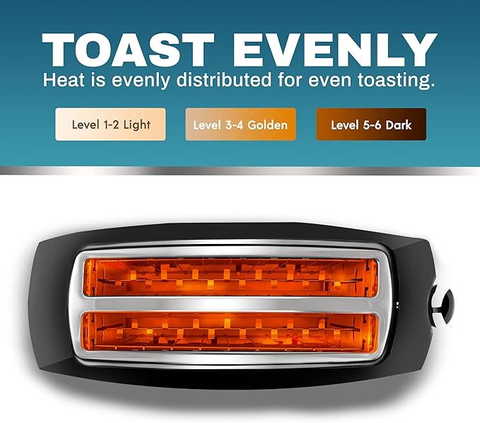 Elite Gourmet ECT4829B Long Slot 4 Slice Toaster 6 Toast Settings Toaster Defrost Reheat Cancel Functions Slide Out Crumb Tray Extra Wide Slots for Bagels Waffles Black