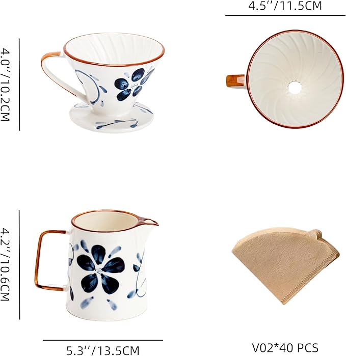 Pour Over Coffee MakerCeramic Coffee Maker With 40 pcs Paper Filter15oz/450ml Pour Over Coffee Dripper (Blue and white V02)