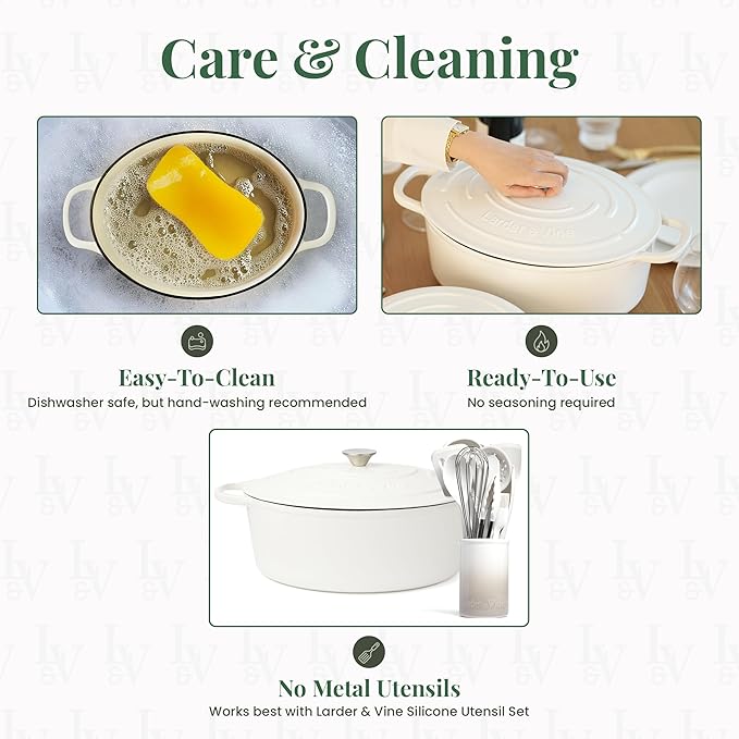 Larder &amp Vine Enameled Cast Iron 8 qt Dutch Oven Pot with Lid | Bread Baking | Compatible on All Cooktops &amp Oven Safe to 500° F | Great for Sourdough Bread | White