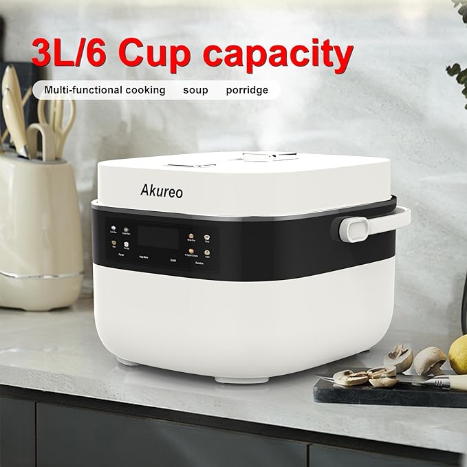 3L Smart Rice Cooker 6-Cup Uncooked Fuzzy Logic Stainless steel spherical inner pot with non-stick ceramic glaze coating Keep Warm Cream White