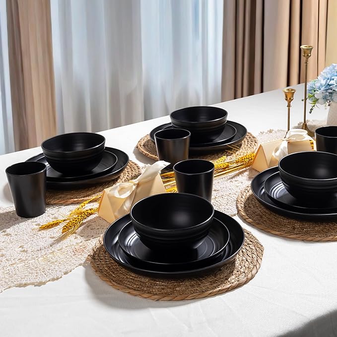 LIYH 24 Pcs Black Wheat Straw Dinnerware Sets Unbreakable Plates and Bowls Set Plastic Dinnerware Set Include Wheat Straw Plates Bowls Cups Dishes for Kitchen&amp Camping