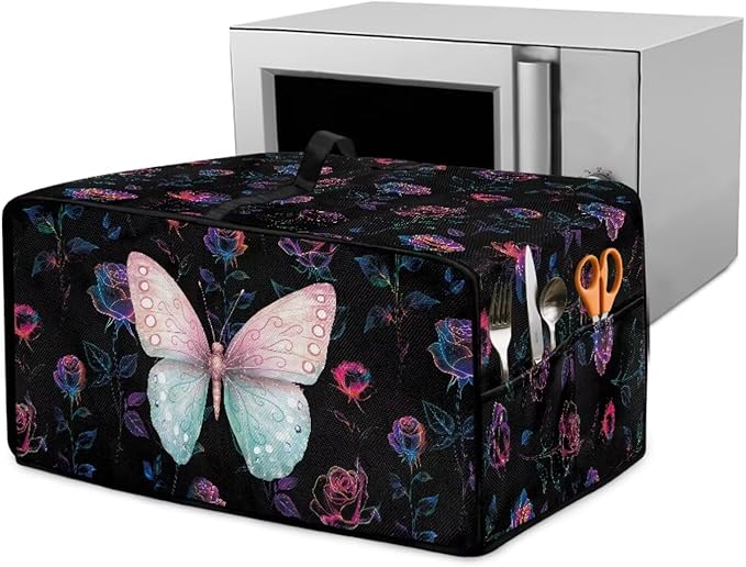 Butterfly Rose Print Toaster Oven Cover Wide Slot Washable Dustproof Bread Maker Covers Compatible with Air Fryer Toaster Smart Oven 18.5 x 14.5 x 9 Black
