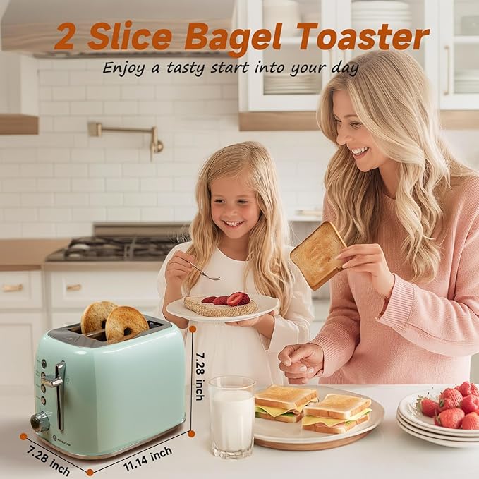 Aigostar Toaster 2 Slice Retro Toaster Stainless Steel 1.6 inch Extra Wide Slots Bread Toaster Bagel Cancel Defrost Function 6 Shade Settings &amp Removable Crumb Tray for Bread Waffle Aqua Gree