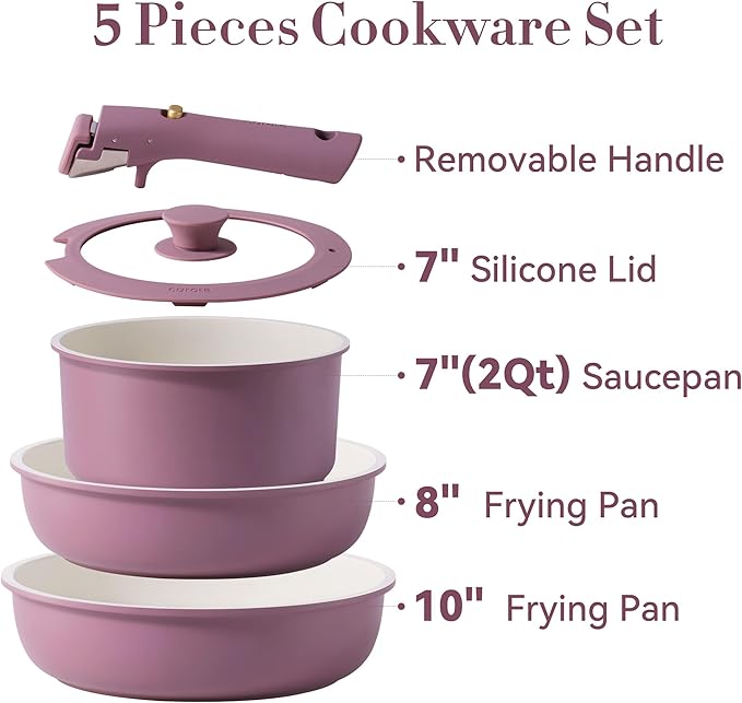 CAROTE 5pcs Pots and Pans Set Non stickCookware Set Detachable Handlekitchen essentialsRV kitchen pot and panInduction CookwareOven SafePFOA PFOS FREEPurple