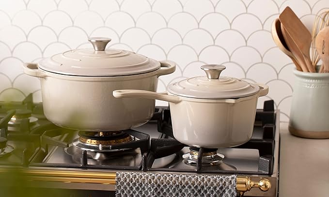 Larder &amp Vine 5-Piece Enameled Cast Iron Cookware Set - Includes 5.7 Quart Dutch Oven with Lid 10.25 Inch Skillet 2.2 Quart Saucepan with Lid (Stone)