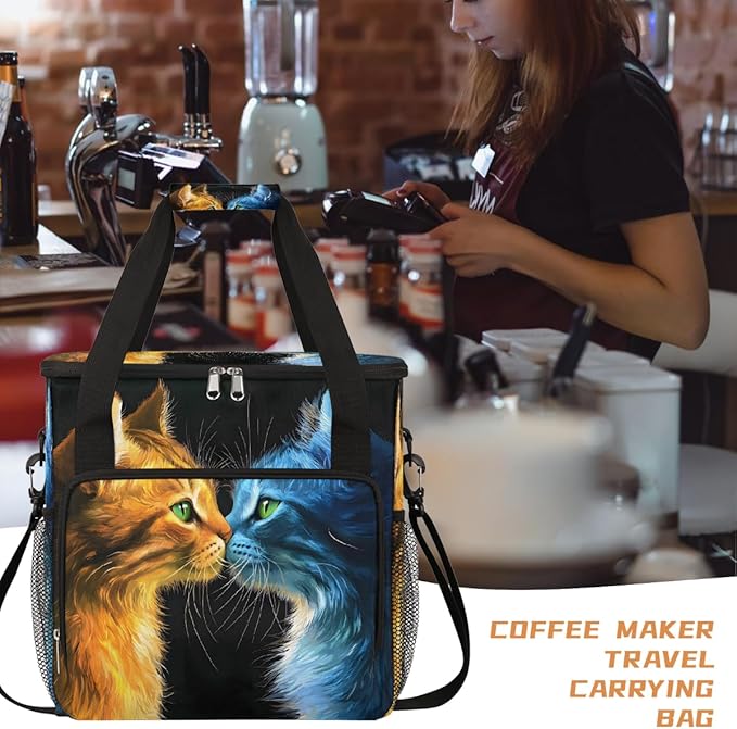Fire Cat Ice Cat Cartoon Coffee Maker Carring Bag Travel Carrying Storage Tote Bag Compatible with Keurig K-Mini or K-Mini Plus Portable Single Serve Coffee Brewer Case with Pockets for K-cup Pods
