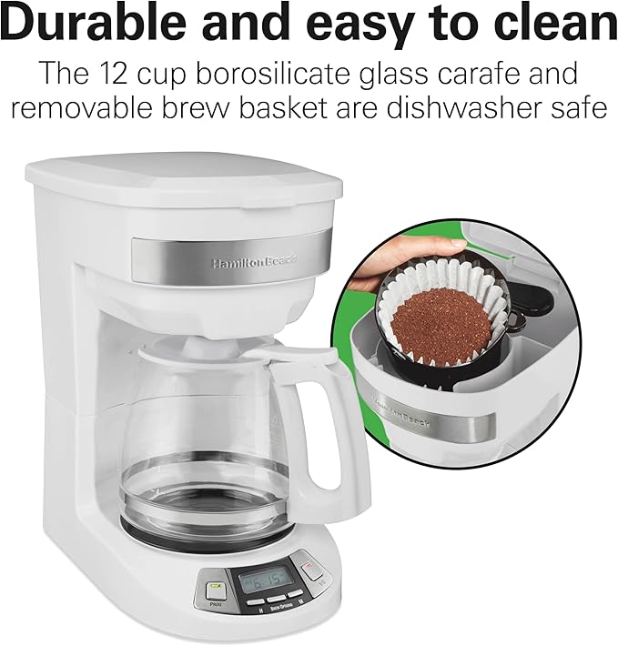 Hamilton Beach 12 Cup Programmable Drip Coffee Maker Machine Regular &amp Bold Brew Options Auto Pause and Pour Glass Carafe White (46294J)
