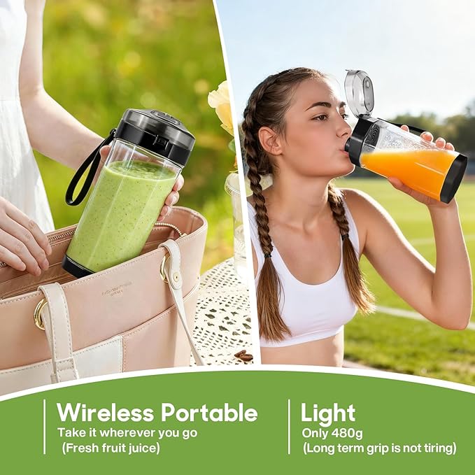 MIAOKE 2026 Upgrade 700 ML Portable Smoothie Blender Rechargeable Personal Blende Contains both Automatic and Pulse Functions with Travel Cup and Lid 6 Sharp Blades Mixer Blender Machine Black
