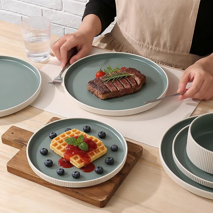 MONITO Ceramic Dinnerware Sets for 4 18PCS Stoneware Plates and Bowls Sets Reactive Glaze Dish Set Chip and Scratch Resistant Double Microwave and Dishwasher Safe White Cyan