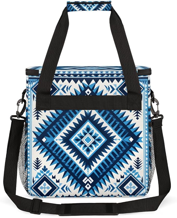 Blue Geometry Aztec Coffee Maker Carrying Bag Portable Travel Storage Tote Bag Compatible with K-Mini or K-Mini Plus Single Serve Coffee Brewer Carrying Case with Multiple Pockets &amp Shoulder Str