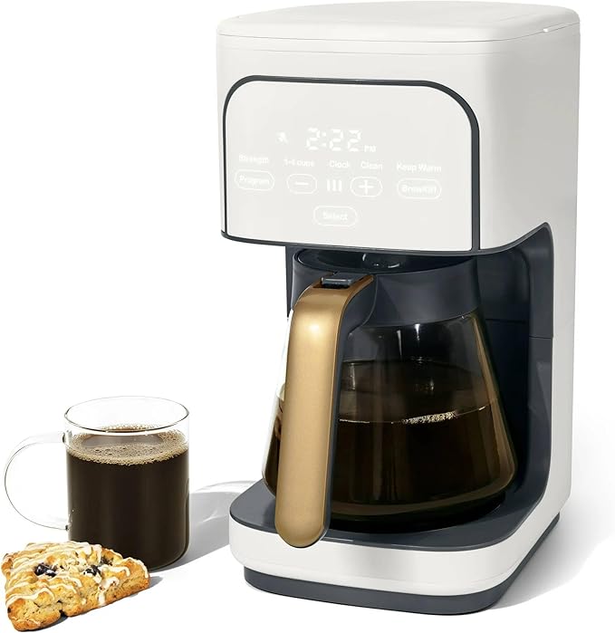 12 Cup Programmable Coffee Maker with Glass Carafe Reusable Filter and Touch Display (White Icing)