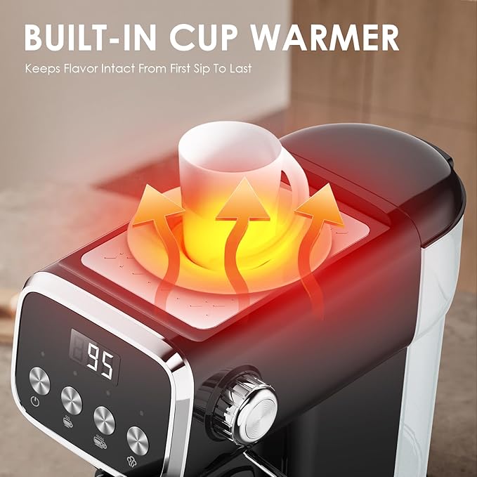 20 BAR Slim Vertical Espresso Machine with Milk Frother Built-in Cup Warmer 43 OZ Detachable Tank for Rich Espresso Americano Latte Compact Space-Saving Design Screen Button Black