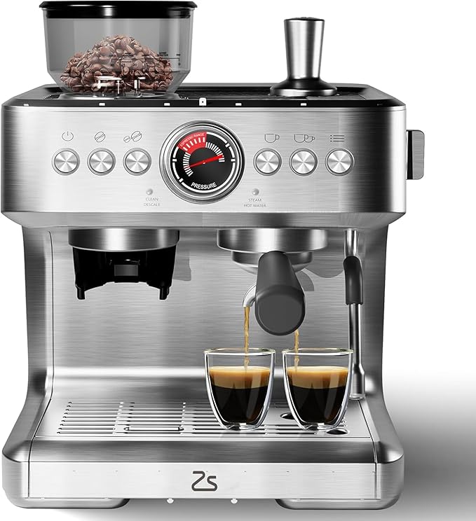 Espresso Machine 15 Bar LCD Display Espresso Maker with 1-15 Adjustable Grinder Milk Frother and PID Temperature Control Professional Coffee Maker for Latte Cappuccino - 8.8 Oz Bean Hopper