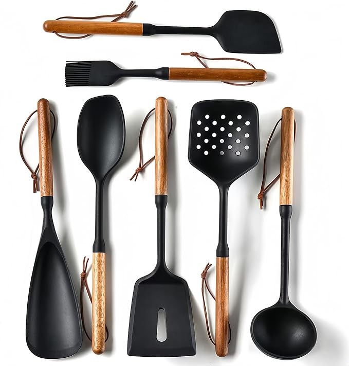 Exquisite Silicone Cooking Utensils Set - Non-Toxic Heat-Resistant Kitchen Utensils Set with Food-Grade Silicone &amp Wood Handles - Includes Spatula &amp Spoon for Non-Stick Cookware Black