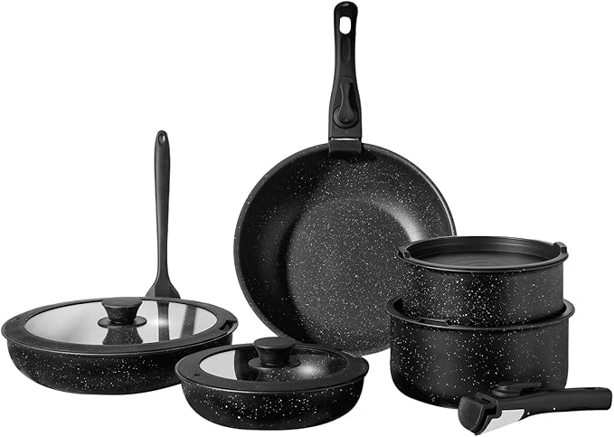 12Pcs Pots and Pans Set Nonstick Cookware Sets Kitchen Cooking Set with Spatula and Detachable Handle Black