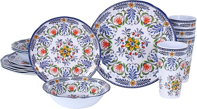 Melamine Dinnerware Set for 4-16 Pcs:Camping Dishes Set with Dinner PlatesSalad PlatesCups and Bowls.Lightweight and UnbreakableIndoor and Outdoor Use flower28