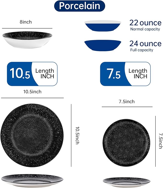 Bestone 12-Piece Round Porcelain Dinnerware Set Service for 4 Chip Resistant Plates and BowlsBlack Dishwasher &amp Microwave Safe for Home Daily Use