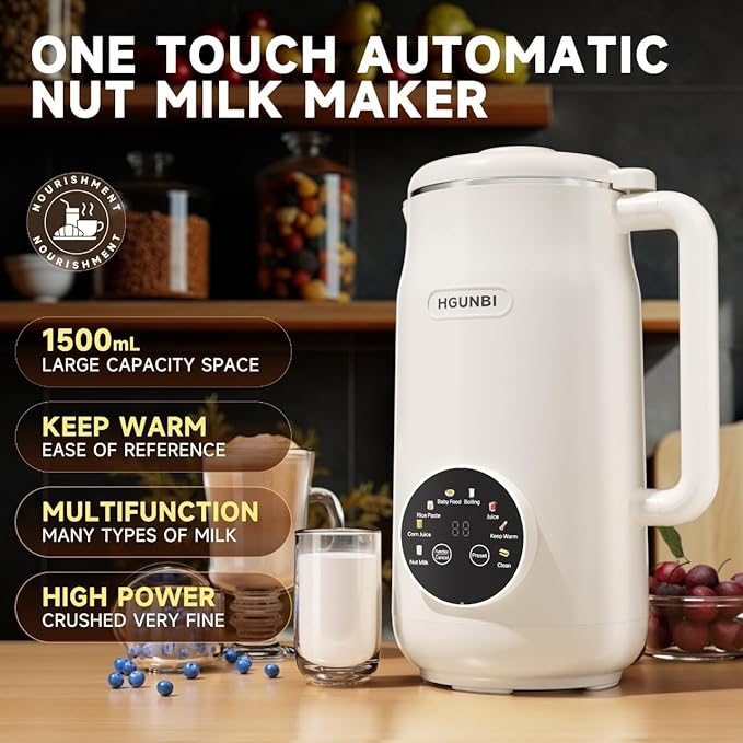 8-in-1 Automatic Nut Milk Maker Machine 50oz Soy Milk Maker with 12 Blades Nut Milk Maker Blender for Homemade Plant-Based Milk Oat Soy with Self-Cleaning Keep Warm 12-Hour Delay