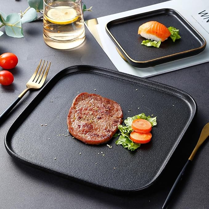 Porcelain Square Dinnerware Set 3 Pcs Fine China Plates With Gold Edge Matte Black Includes Pasta And Seafood Plates Plate Set